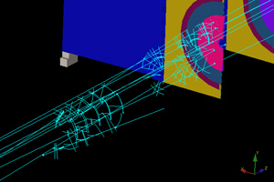 Particle tracks seen in the LHCb vertex detector (VELO) and triggered by the experiment's calorimeter during synchronization tests last weekend